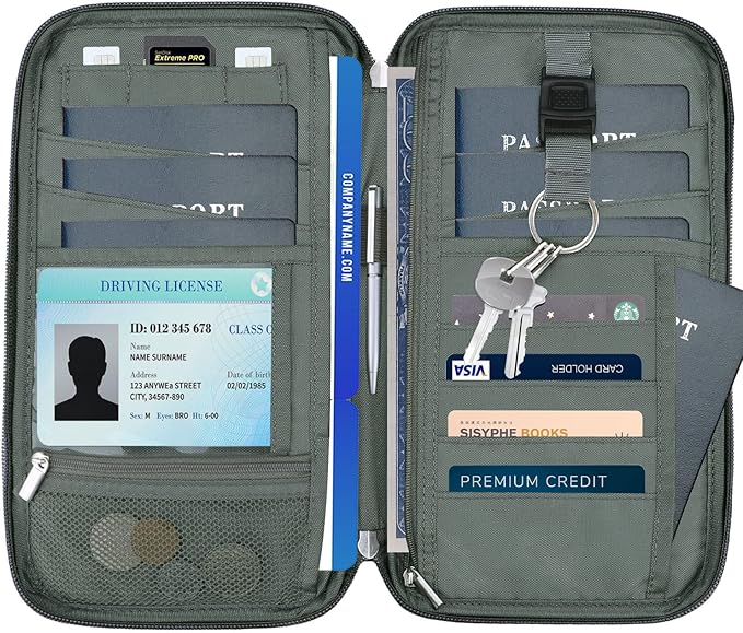 WALNEW RFID Family Passport Holder Wallet with Tracker/AirTag Holder, Travel Document Organizer Zipper Pouch with Wristlet and Cross Body Straps for Women Men