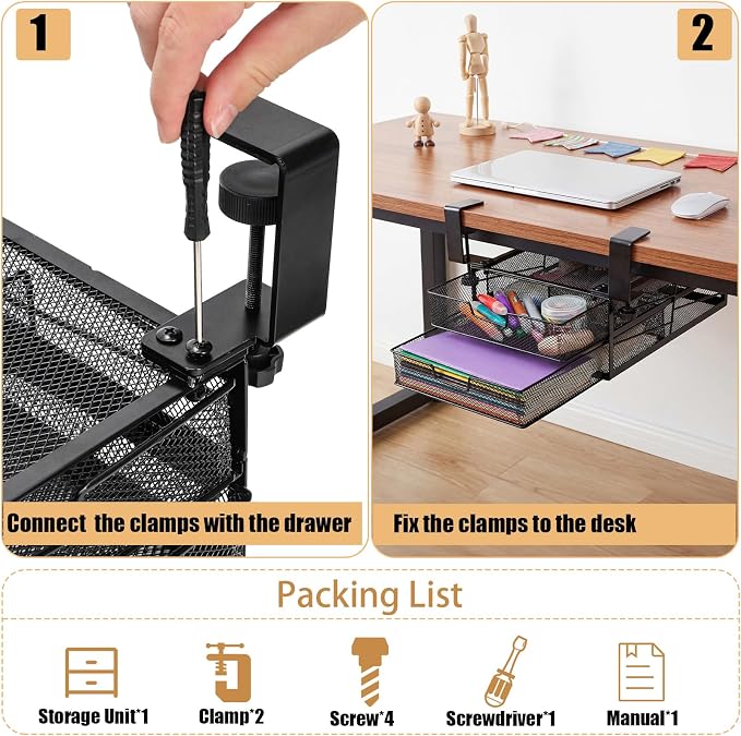 Cedilis Under Desk Drawer Organizer Slide Out, 2-Tier Metal Under Table Storage Drawers Clamp On for Home Office, Black, No Drilling