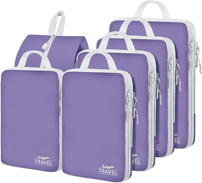 6 Set Compression Packing Cubes, Suitcase Organizer, Lightweight Travel Essentials, Compression Bags For Travel Accessories Luggage Storage Set (6Pcs, Purple)