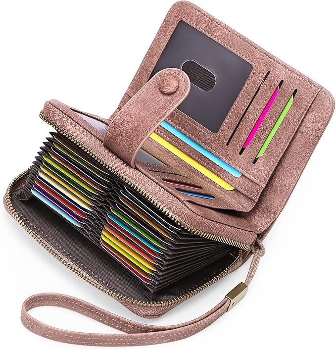 GAEKEAO Leather Credit Card Holder Wallet for Women RFID Blocking Large Capacity Bifold Zipper Card Case Organizer with Wristlet 32 Slots