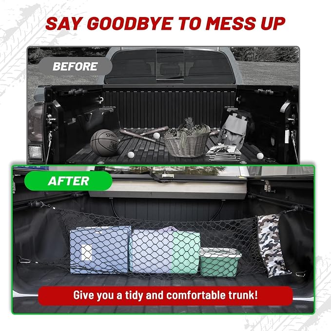 RED WOLF Truck Bed Cargo Net with Storage Bag Fit for GMC Sierra/Chevy Silverado/Ford F-150, Universal Envelope Style Pickup Truck Elastic Organizer Net Groceries Storage Netting