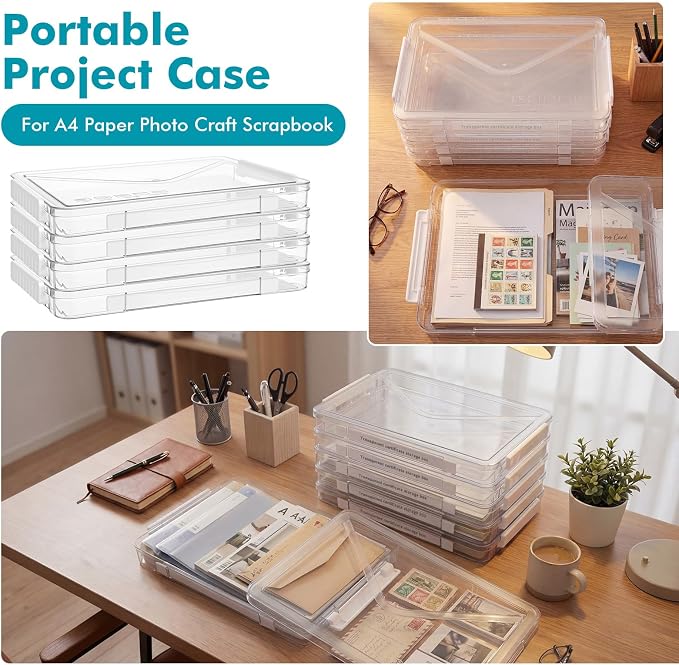 Novabright 5 Pack Clear Plastic File Boxes with Handle Portable Project Case Storage Bin with Lid Transparent Stackable Container Document Magazine Protector for A4 Paper Photo Scrapbook (White)
