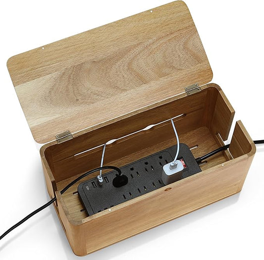Large Acacia Wood Style Cable Management Box, Cord Organizer Power Strip Box with Magnetic Outlet Covers, Cord Hider for Desk and Floor Cable Storage, Ventilated Design