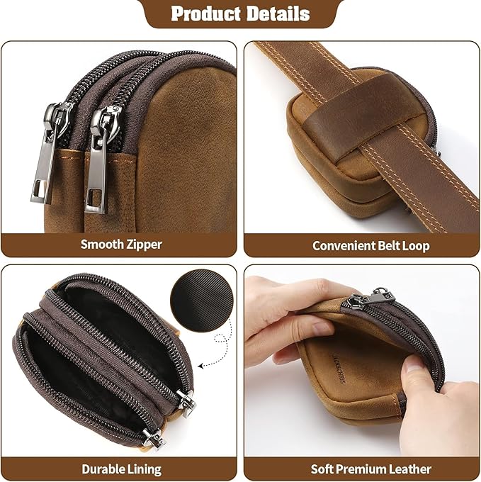 Jack&Chris Coin Purse for Men, Genuine Leather Mini Coin Wallet Zipper Pocket with Back Belt Loop, Coin Bag for Men