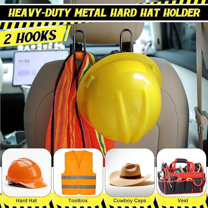 1 Pack Dual Hook Hard Hat Holder for Truck, Heavy-Duty Metal Hard Hat Buddy, Adjustable HardHats Hanger for Vehicle Headrest Essential Accessories