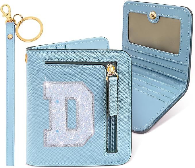 COSHAYSOO Small Wallet for Women Teenager Girl Personalized Initial Gift Preppy Letter Monogrammed Patch Mini Purse Waterproof for Travel Credit ID Cards Cash Holder Novelty Organizer Blue D