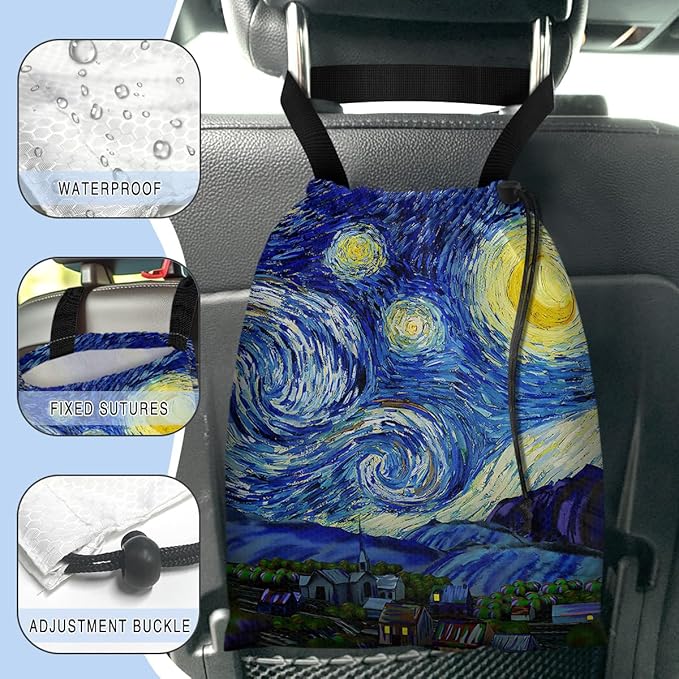 Car Trash Bag Hanging Back of Seat Waterproof Small Cute Printed One-Handed Strap Drawstring Garbage Bags for Car-Starry Night