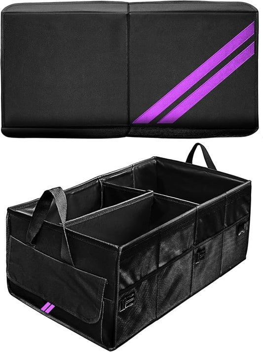 YOSRTER for Dodge Charger Durango Challenger Ram Car Trunk Organizer Collapsible Storage Box with Handle Foldable Lid Non Slip Bottom Sturdy Base Panel 2 Compartment Purple Trim