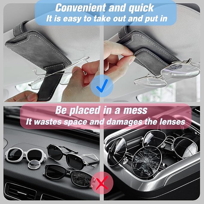 Car Sunglasses Holder - Visor Clip Style & Magnetic Plush Leather Construction Doubles as Credit Card & Fuel Card Box with Storage Pocket &Holds Sunglasses