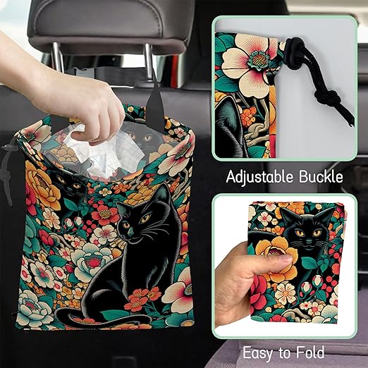 Black Cats Car Trash Bag,Tropical Flowers Hanging Drawstring Car Garbage Bag,Waterproof Canvas Car Back Seat Organizer with Adjustable Buckle,for Vehicles,SUVs,Camping,Road Trips