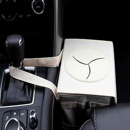 AOKJOY Car Garbage can with lid Leak Proof Vehicle Trash Can 3 Storage Pockets Hanging Waterproof car Trash Bag for SUV Beige