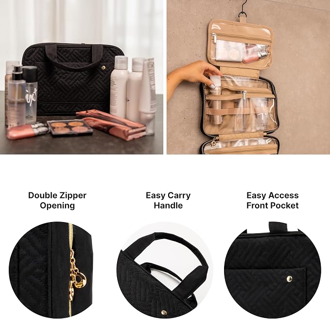 Carrywell Toiletry Bag Travel Bag with Hanging Hook, Makeup Organizer Case, Water-Resistant Cosmetic Bag For Full-size Containers, Toiletries, Black Medium, Not Made In China
