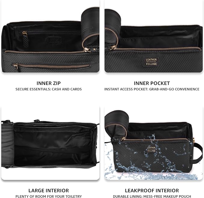 LEATHER VILLAGE Genuine Carbon Fiber Genuine Leather Travel Toiletry Bag - Large Dopp Kit, Water-Resistance Bathroom & Shaving Organizer for Men & Women - Black