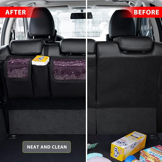 eing Car Trunk Organizer and Storage, Backseat Hanging Organizer for SUV, Truck, MPV, Waterproof, Collapsible Cargo Storage Bag with 5 Pockets, Bling Car Interior Accessories for Women,Purple