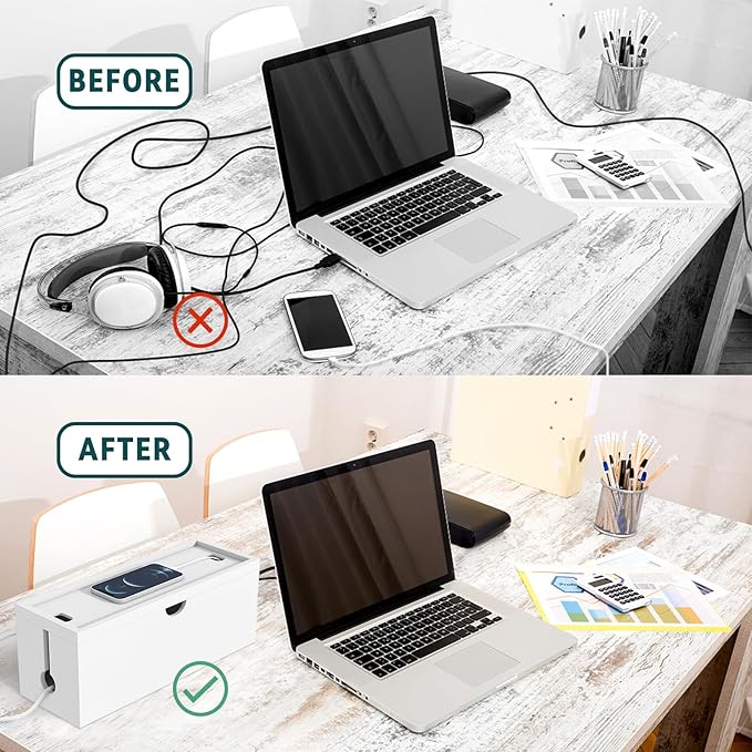 Bamboo Cable Management Box, Large Cord Organizer Box Cable Box to Hide Wires & Power Strips for Desktop Storage Cord Holder for Office Home,No Assembley Required (All White, 2 Packs(M+L))