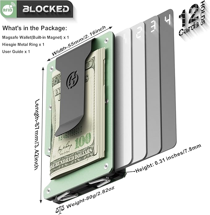 Minimalist Magnetic Wallet for Women, Compatible with MagSafe Wallet with Money Clip, Rfid Blocking Metal Card Holder, Slim Wallet Compatible with iPhone 16/15/14/13/12 Series - Grass Green