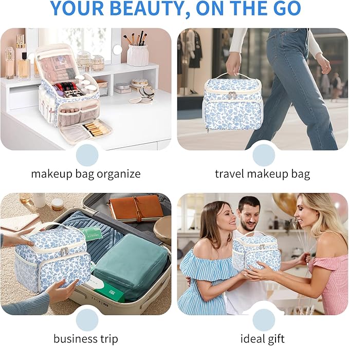 CUBETASTIC Makeup Bag Large, Floral Travel Make Up Case for Women with Removable Partitions & Multi-Pockets, Vertical Storage Cosmetic Pouch & Toiletry Bag (Floral Blue, Large)