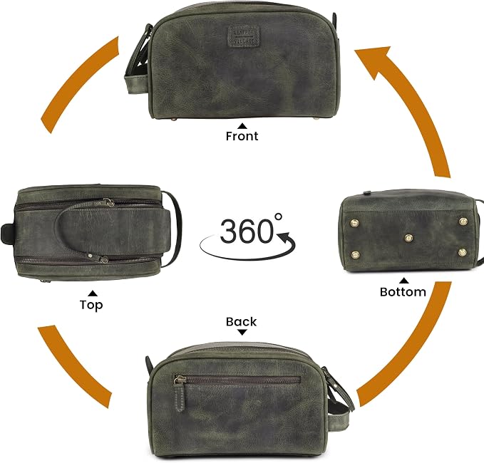 LEATHER VILLAGE Genuine Leather Toiletry Travel Pouch With Waterproof Lining - Olive | King-Size Handcrafted Vintage Dopp Kit Bag, Shaving & Bathroom Organizer, Gift for Men & Women