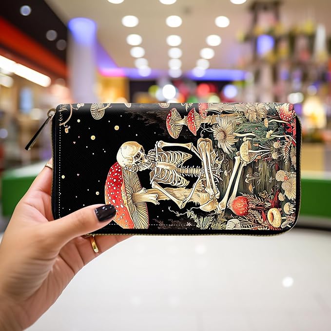 Wallet,Leather Long Wallet Suitable For Ladies And Teenagers - Detachable Wristband + RFID Travel Wallet With Card Slot - Mushroom Skeleton