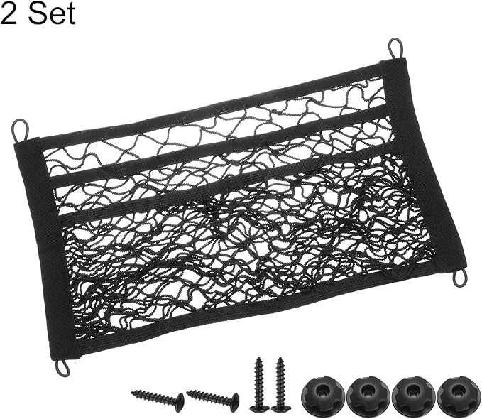 HARFINGTON 2pcs 3-Layer Small Cargo Net 18" x 9.8" Stretchable Storage Mesh Pocket Net Automotive Cargo Nets Storage Pouch Organizer with 8pcs Screws and 8pcs Hooks for Trunk RV Boat