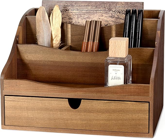 Rebee Vision Acacia Wood Mail Organizer for Desk - Farmhouse Countertop Mail Holder with Dividers - 4-Slot Letter Sorter for Office Accessories - Desktop Organizer for Home Decor (Acacia Wood)