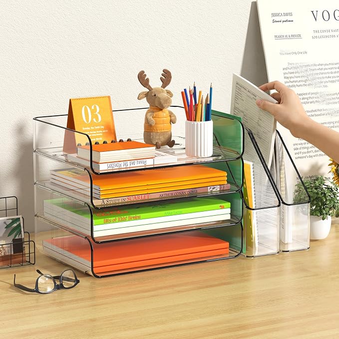 FANXIYQ 4-Tier Acrylic Paper Tray Organizer with Bookends, Large Clear Stackable Letter Tray Organizer for Desk, Acrylic File Organizer & Office Paper Storage, 12.6" Wide Desktop Organizer