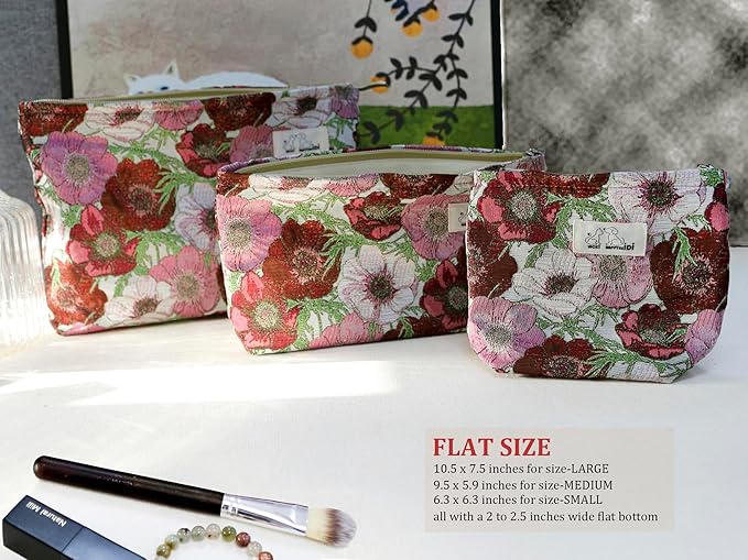 HAPPYHEIDI Makeup Bag Set 3 Cosmetic Toiletry Organizer Zipper Pouch for Purse Tote, Women Girls Gift, Large Medium Small, Red Floral Jacquard Polyester