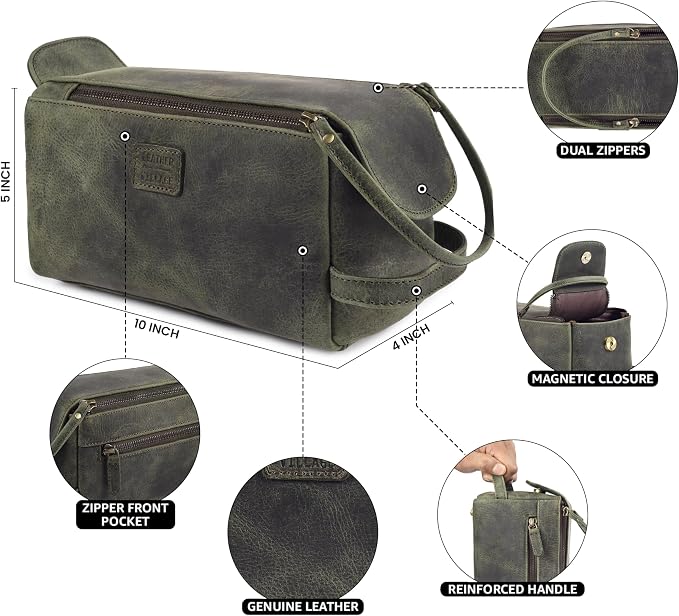 LEATHER VILLAGE Genuine Leather Travel Toiletry Bag - Water-Resistant Dopp Kit for Toiletries, Large Shaving Bag & Bathroom Organizer - Gift for Men & Women - Olive