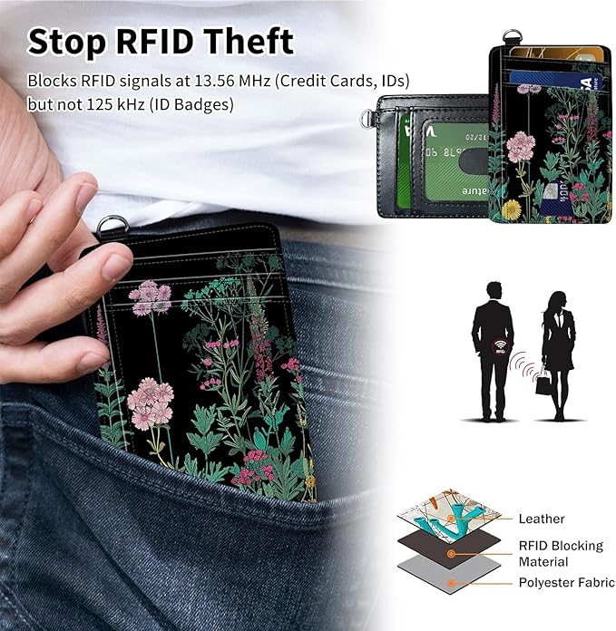 Slim Minimalist Front Pocket Wallet,Credit Card Holder Wallet for Women Men,RFID Blocking Credit Card Holder Case Leather Cute Small Thin Wallet ID Window&Wrist Strap,Floral Palnt