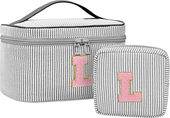 MONSTINA Personalized Initial Makeup Bag with Brush Holder and Divider for Women,Make Up Case for Girlfriend Bridesmaid Wife,Birthday Gift for Her Cute Toiletry Bag,2PCS,Black L
