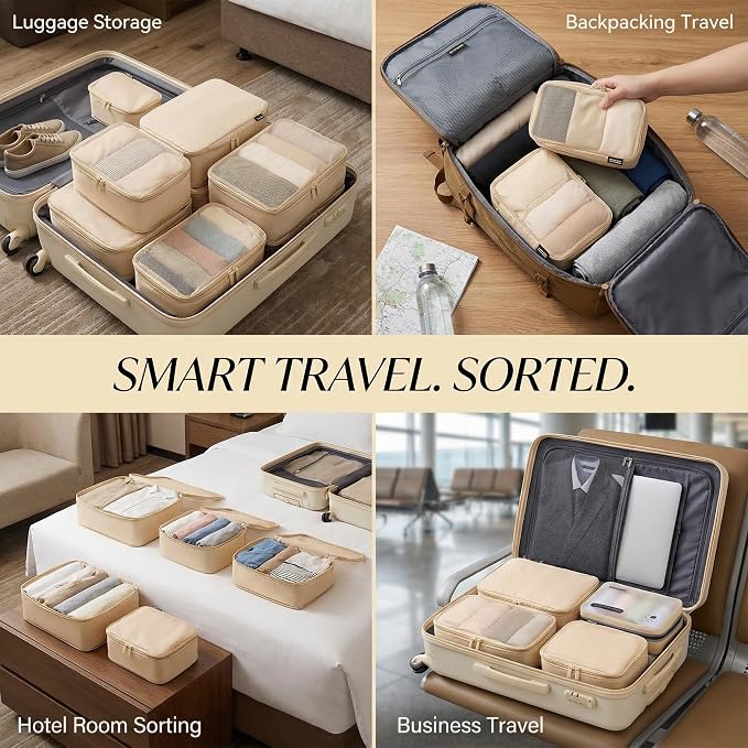 6 Set Compression Packing Cubes for 7–14 Day Travel, Mist Khaki | Nylon Oxford Fabric, Full Breathable Mesh, Reinforced Double-Zipper, Small to Large Size Bag, Expandable Packing System