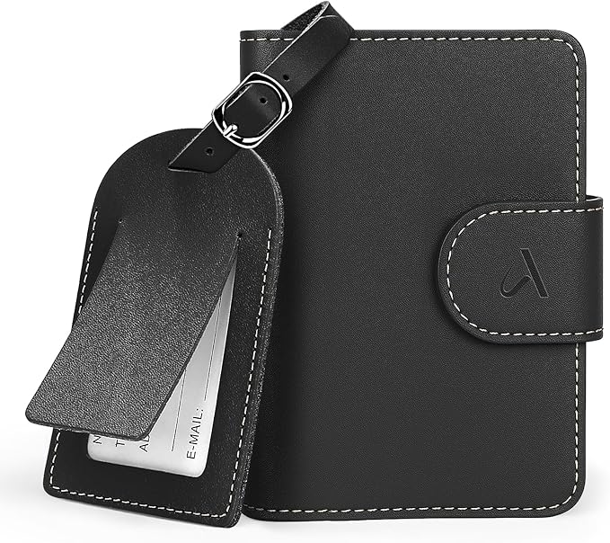 ALLIVE Passport Holder with Luggage Tag, Genuine Leather Passport Holder with AirTag Hidden Pocket, RFID Blocking Travel Wallet for Women & Men, Premium Gift Box, Ready to Gift – Gift Set (Black)