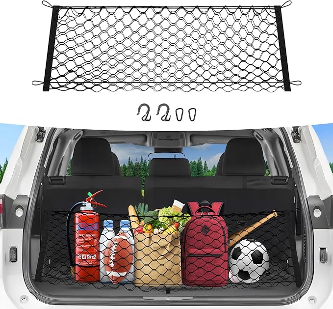 Canvcle Trunk Cargo Net for 2020-2026 Toyota Highlander Accessories Envelope Style Mesh Trunk Net Organizer and Storage Stretchable Adjustable Elastic Nylon Rear Cargo Netting with Hooks