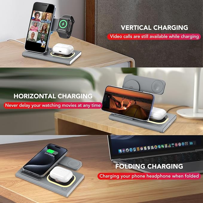 3 in 1 Charging Station for iPhone 17 - Wireless Charger for Apple Products for iPhone 17 16 15 14 13 12 11 Pro Max - Foldable Wireless Charging Station Dock Stand for iWatch Series & AirPods(Gray)