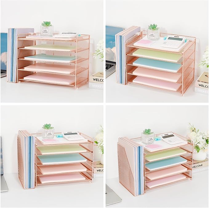 OPNICE Desk Organizer, 5-Tier Paper Organizer Letter Tray with Magazine Holder, Office Desk Accessories & Workspace Organizers, Desktop File Organizer for Office Supplies Storage, Rose Gold