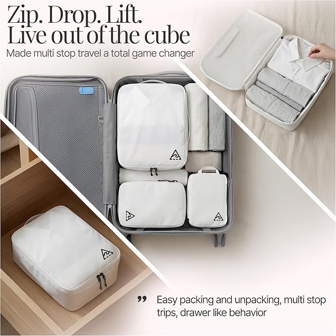 Well Traveled 8 pcs Compression Packing Bags Cubes Set with HybridMax Double-Capacity Design - Packing Cubes for Travel Compression to Maximize Limited Luggage Space, White