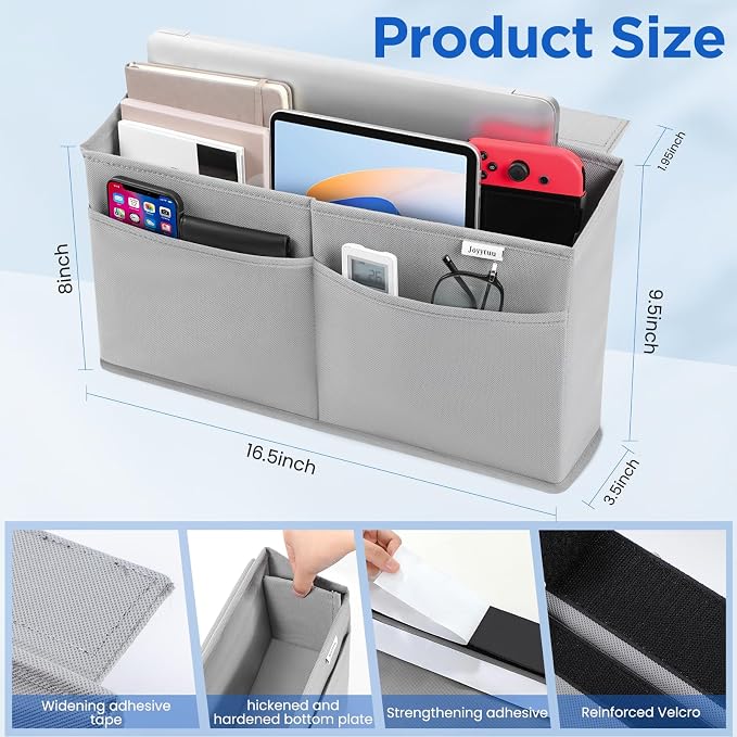2 Pack Desk Side Hanging Organizer, Adhesive Storage Bag with Pockets for Magazine Ipad Notebook, for End Tables Home Office Desks Computer Workstations Dressing Table, Grey
