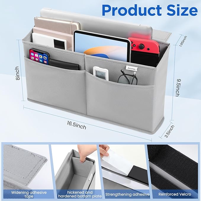 Desk Side Hanging Organizer, Adhesive Storage Bag with Pockets for Magazine Ipad Notebook, for End Tables Home Office Desks Computer Workstations Dressing Table, Grey