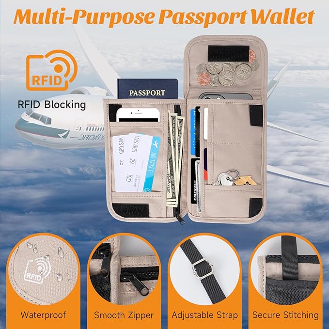 Neck Wallet & RFID Blocking Passport Holder for Travel – Waterproof Hidden Travel Wallet with Card Slots, Adjustable Strap, Portable Document Organizer for Men, Women (Gift) Khaki