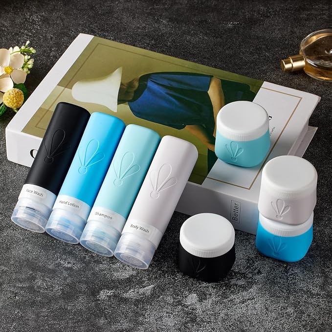 INSFIT travel bottles for toiletries 8 Pack, Leak proof Travel Size Toiletries Containers with toiletry bag, Squeezable Silicone Bottles & Cream Jars, Travel Essentials BPA-Free kit for Shampoo