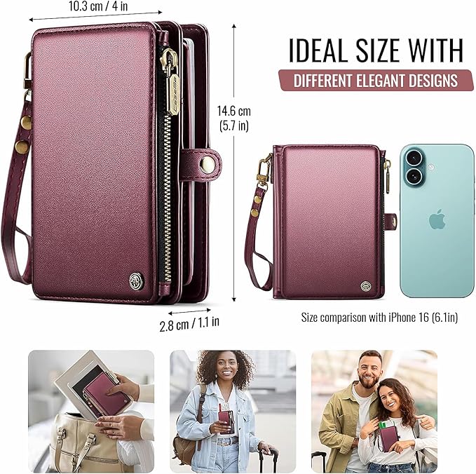 Passport Holder Wallet Bag with AirTag Holder, 11 Card Slots and Passport Solt Cash Solt Photo Solt Zipper Pocket, RFID Blocking Wristlet Strap.Wine