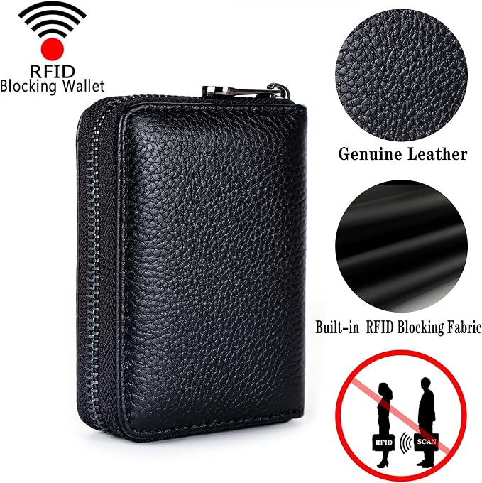 Suweibuke Genuine Leather Credit Card Holder Zipper Wallet RFID Blocking Secure Card Case ID Case Organizer (Classic-Black Pebbled Genuine Leather)