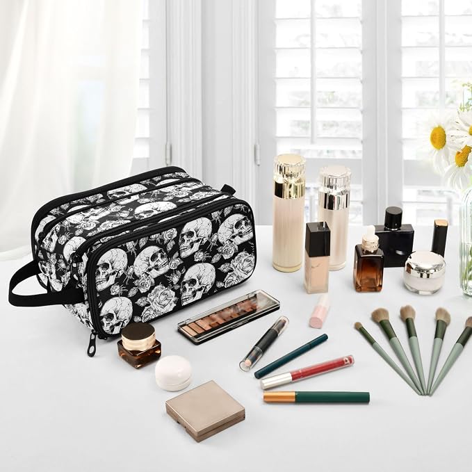 MNSRUU Large Capacity Makeup Bag, Gothic Skulls and Flowers Cosmetic Bag Portable Toiletries Pouch with Compartments Makeup Organizer Case for Travel Women