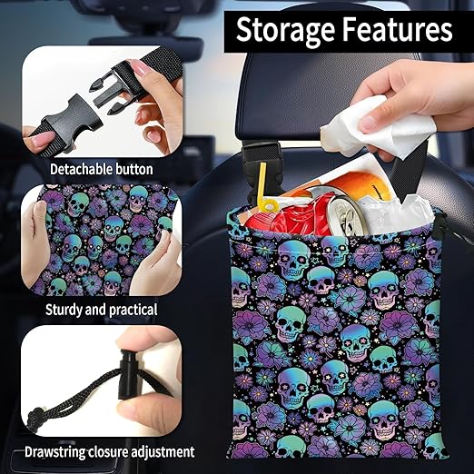Car Trash Bag Large Hanging Can for Back of Seat, Cute Waterproof Car Garbage Bag for Vehicle, Travelling, Outdoor Colorful Purple Skull Floral