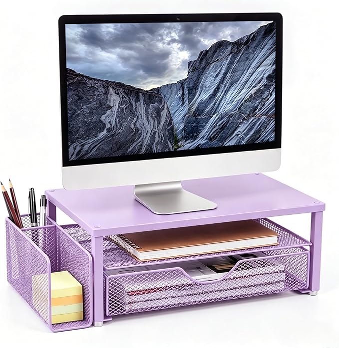 Spacrea Desk Organizer and Accessories, Computer Monitor Stand Riser with Drawer and 1 Open Pen Holder, Printer & Laptop Stand, Office Desk Accessories for Home Office Supplies (Purple)