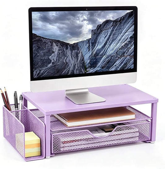 Spacrea Desk Organizer and Accessories, Computer Monitor Stand Riser with Drawer and 1 Open Pen Holder, Printer & Laptop Stand, Office Desk Accessories for Home Office Supplies (Purple)