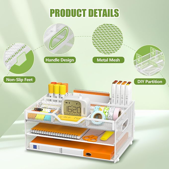 3-Tier Letter Paper Tray Desk Organizer, White Desktop File Rack Holder with 3 Drop in Pencil Holder and Sliding Tray for Office Classroom and Home Supplies Organization Storage