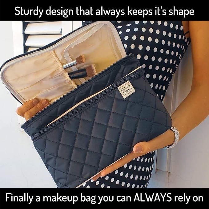 ELLIS JAMES DESIGNS Large Travel Makeup Bag for Women - Black Make Up Bag for Women - Travel Cosmetic Bag - Makeup Case Gifts for Women, Makeup Organizer Bag, Travel Toiletry Bag for Women