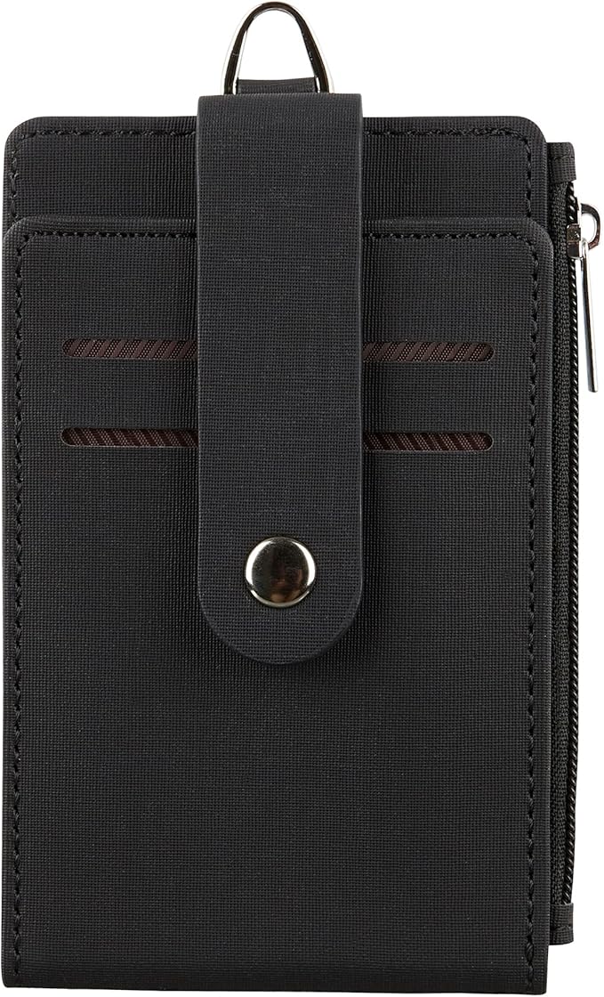 Women & Men Keychain Card Holder Case Zipper Slim Minimalist Front Pocket Wallet with 2 ID Window, Black
