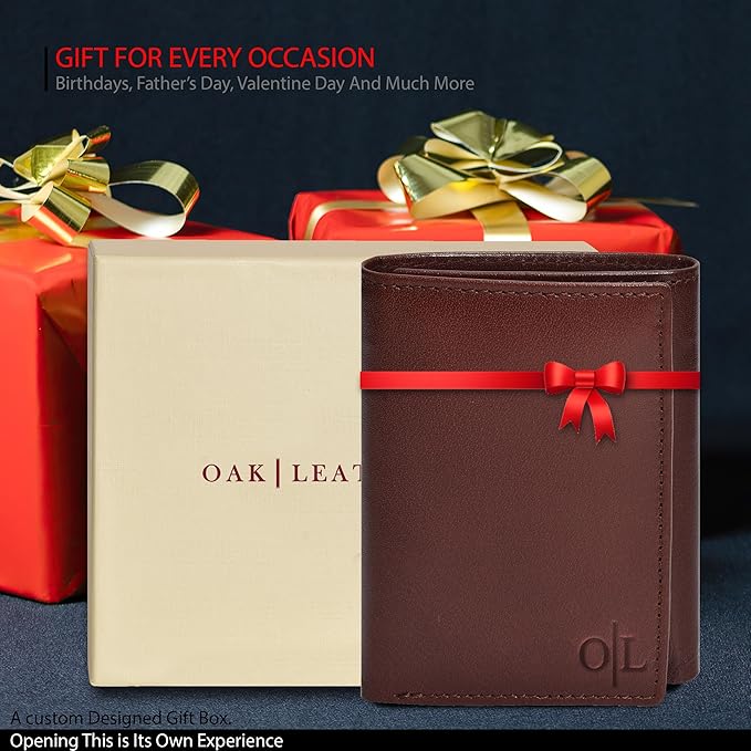 Real Leather Mens Trifold Wallet RFID Blocking Slim Minimalist Front Pocket - Thin & Stylish with ID Window in Gift Box